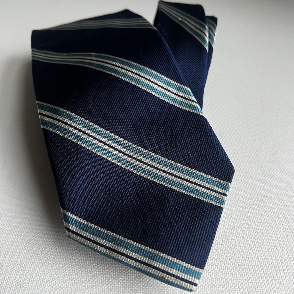 Ben Silver Navy Blue Regimental Stripe Pure English Silk Handmade Mens Tie